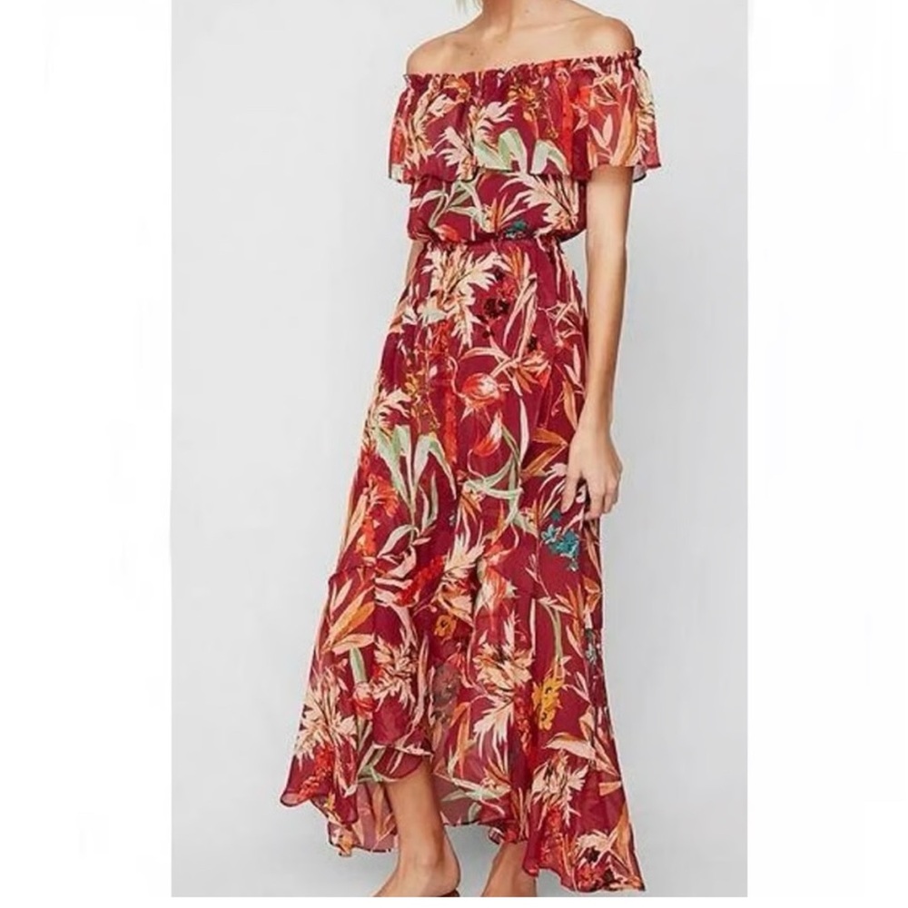 Express Red Cream Asymmetrical Ruffled Maxi Dress